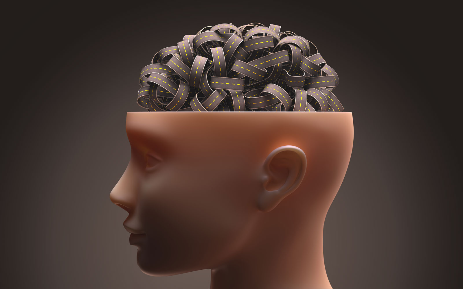Ein abstrakter Kopf dessen Gehirn mit einem Straßenknoten visualisiert ist