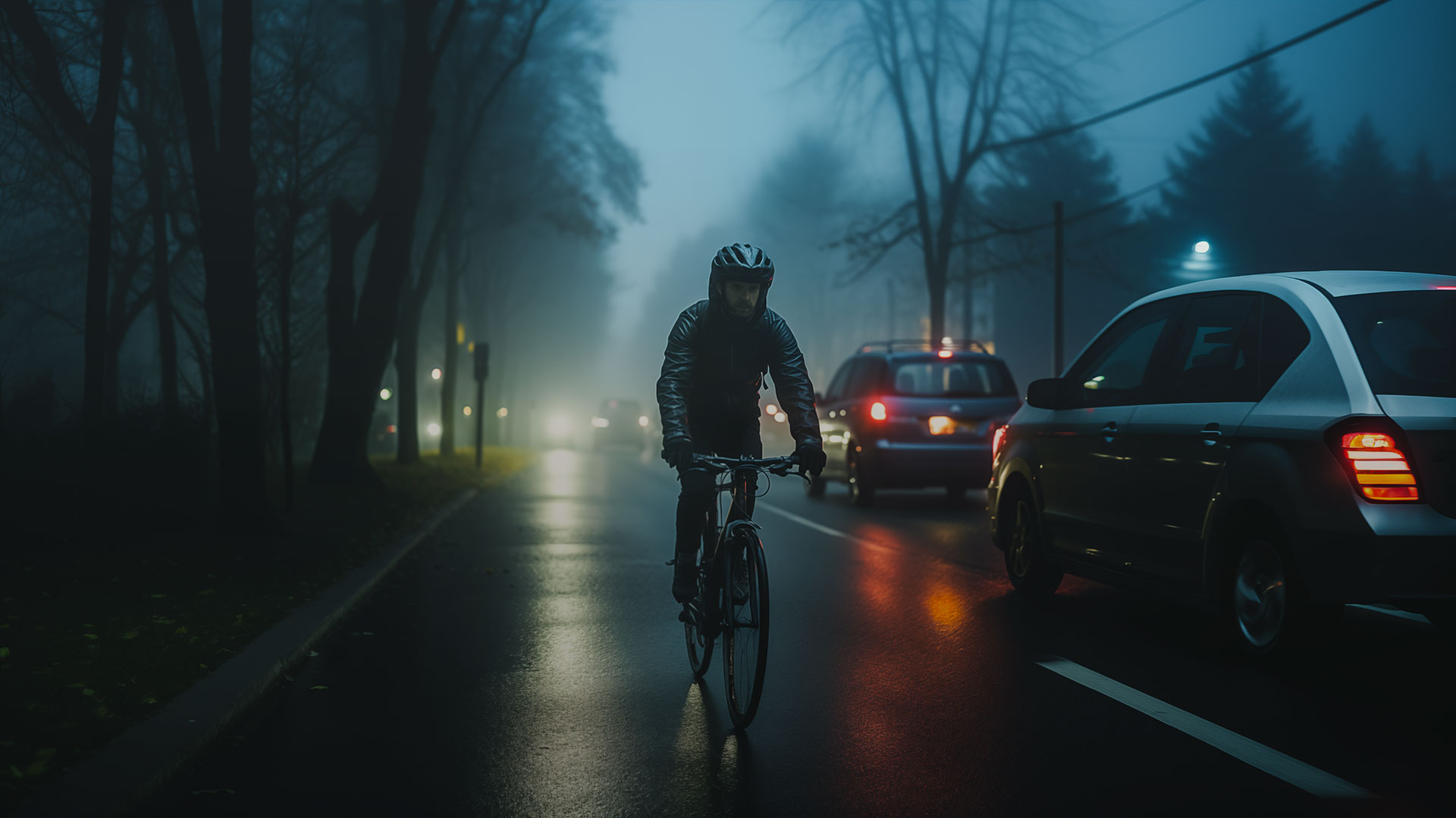 Ein Fahrradfahrer fährt ohne Beleuchtung in der Dämmerung auf einer Straße. Er ist schwarz gekleidet und deshalb fast nicht sichtbar für die Autofahrer. Es ist nebelig und nass.