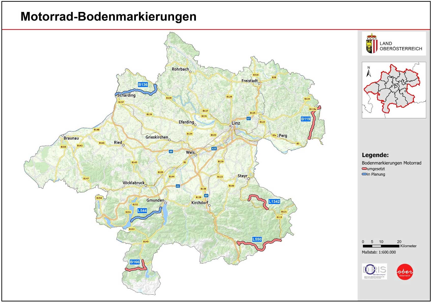 Karte des Landes Oberösterreich mit Straßen, die spezielle Bodenmarkierungen für Motoradfahrer:innen haben.